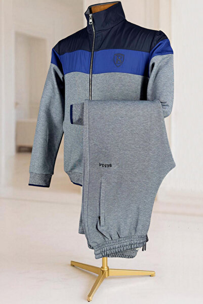 BESSA Gray Mock Neck Tracksuit Set Parachute Fabric Detailed Zippered Pocket Straight Leg Men's