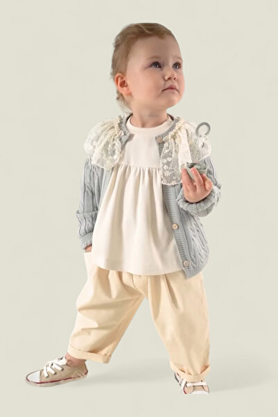 damdamin 100% Cotton Baby Girl Collar Lace Buttoned Knit Cardigan & Robadan B...