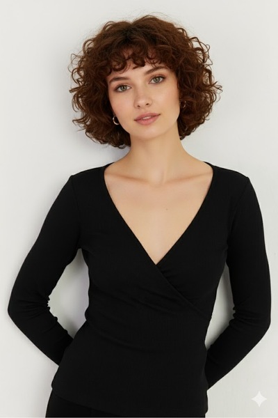 Sienza بلوزة نسائية سوداء مزدوجة الصدر