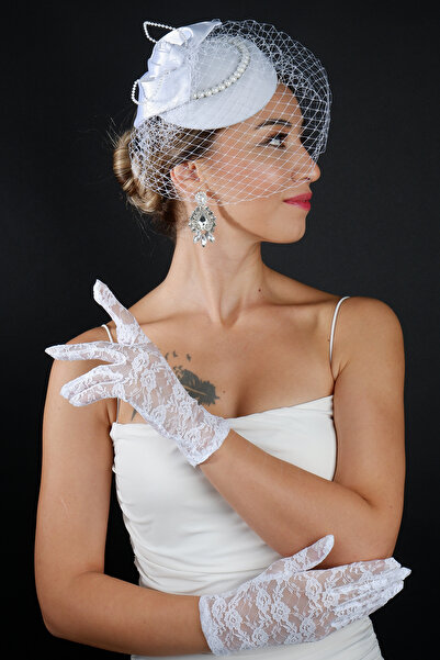 Limelia Fransız Model Tül Gelin Şapkası ve Dantel Gelin Nikah Düğün Eldiven Seti