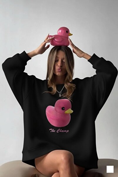 The Champ Clothing Γυναικείο μαύρο φούτερ με λαιμόκοψη – Pink Duck με τύπωμα 3 Thread Ş επένδυση fleece Oversize