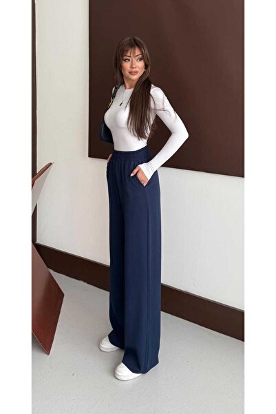 mor butik Morbutik Women's Dark Blue Height-Extending, Body-Defining, High-Waist, Wide-Leg, Timeless Stylish Pants