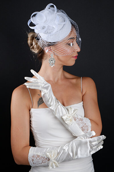 Hayalperest boncuk Accesoriu pentru mireasa din tul cu buline si set de manusi de nunta cu fundita lunga