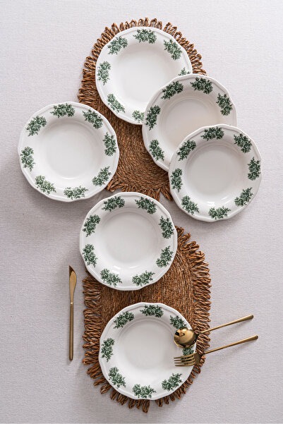 RUBİ PORSELEN Vintage Flowers Green 22 cm Set of 6 Porcelain Dinner Plates –