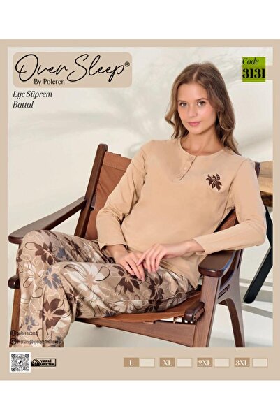 Over Sleep by Poleren Over Sleep 3131 Beige Floral Patterned Half Button Oversized Plus Size Pajama Set