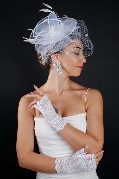 Limelia إكسسوار قبعة الزفاف وقفازات الزفاف القصيرة بدون أصابع من الدانتيل