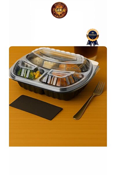 figanlar ambalaj 50 adet 3 bölmeli + kapaklı Siyah Plastik Kapaklı Yemek Kabı...