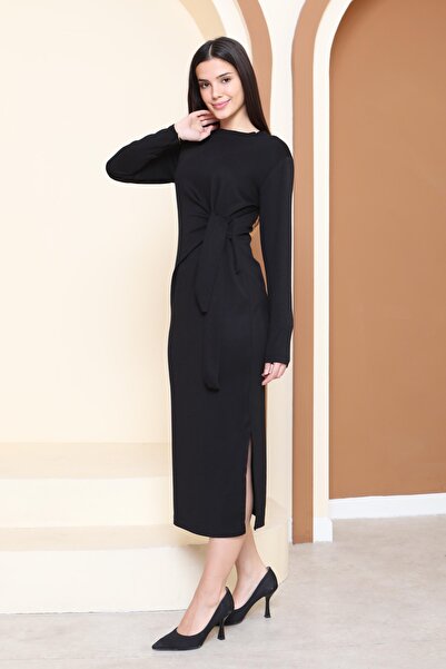 TOFİSA Modal Dress with Side Tie Detail Black - 27880-Black
