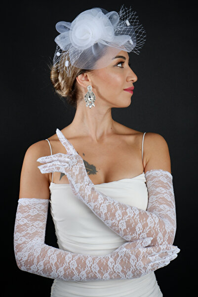 ESPEREST Tül Çiçekli Puantiyeli Nikah Kepi Aksesuar ve Uzun Kol Dantelli Gelin Eldiven Seti