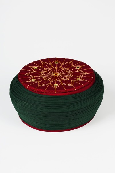 Sarıkhane Student Yellow - Green Fabric - Burgundy Headscarf - Round Wrap - B...