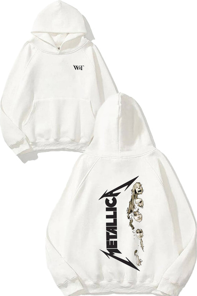 THEWERT سترة ميتاليكا باند جروب ديزاين مطبوع باللون الأبيض بغطاء رأس