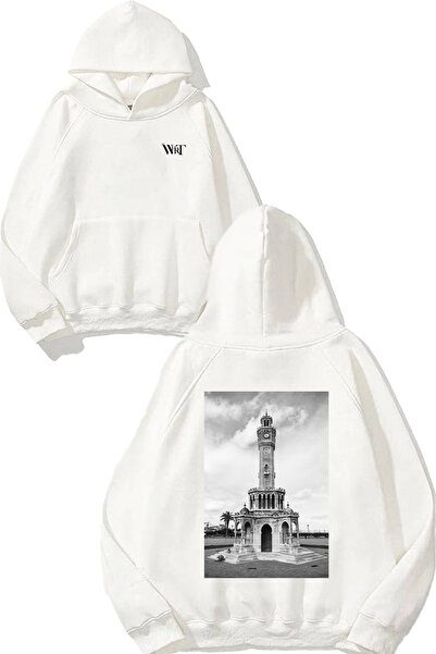 THEWERT سويت شيرت بتصميم برج الساعة في إزمير مطبوع أبيض بغطاء رأس