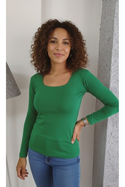 moda felinya Women's Green Color Square Neck Long Sleeve Body