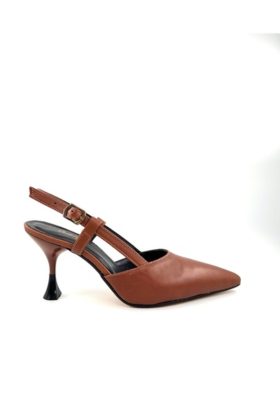 Desire Brown Pointed Toe Open Back Genuine Leather Stiletto