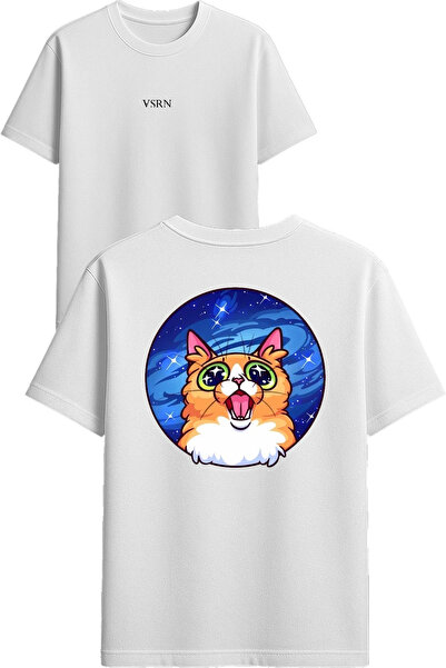 VSRN Μπλουζάκι με στάμπα Sweet Cat Design σε λευκό χρώμα και oversized γραμμή