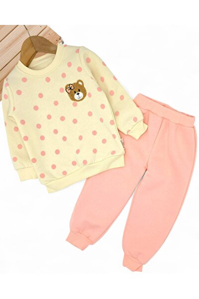 Ege Bebek Baby Girl Slim Fit Polka Dot Winter 3-Thread Set Fleece-Lined Cute Teddy Bear Embroidered Top and Bottom Set
