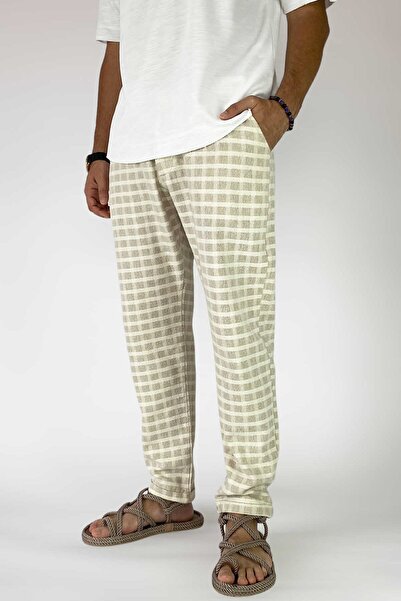 Alışveriş Sokağı 100% Cotton Square Patterned Gray Linen Trousers