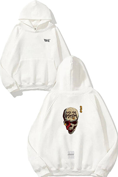 THEWERT Fck The System Design Spate cu imprimeu Alb cu glugă Swea tricou