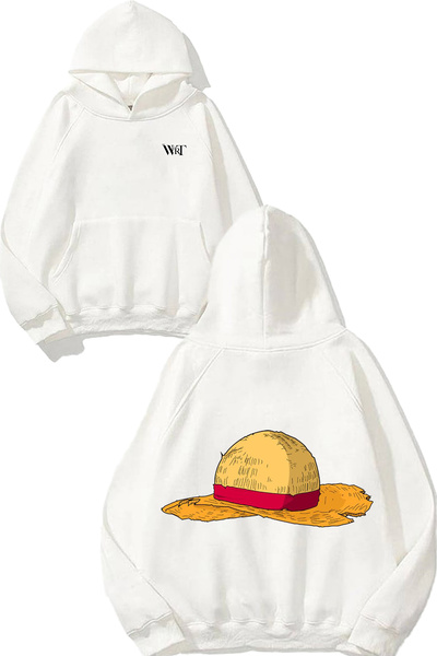 THEWERT Φούτερ One Piece Straw Hat Design με τύπωμα Λευκό με κουκούλα