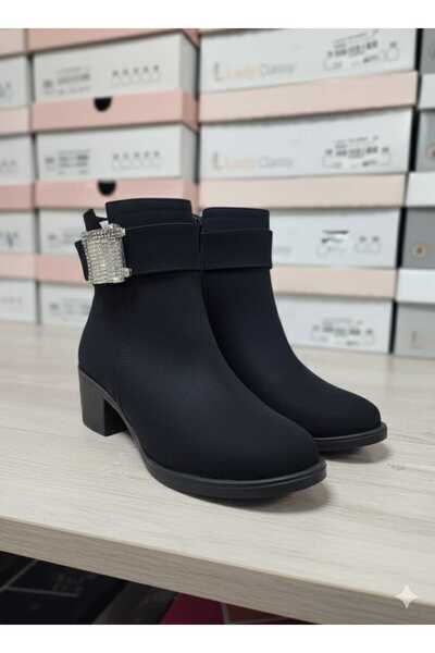 Asyagiyimavm Siyah Streç Kumaş Taş Tokalı Kısa Topuklu Kadın Bot & Bootie