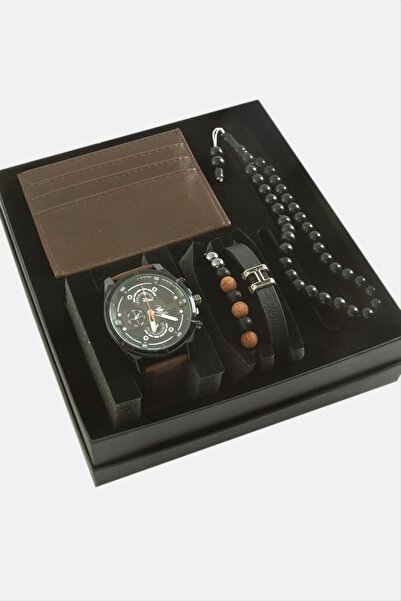 ZERO LAND Lvsqvr Strap Wristwatch Rosary Bracelet and Wallet (200039) Boxed Set-Brown