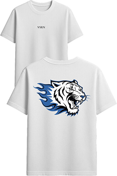 VSRN Tricou supradimensionat alb cu imprimeu Flame Tiger Design
