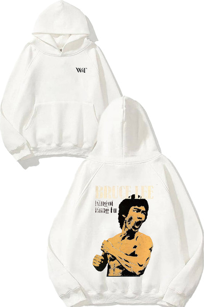 THEWERT سويت شيرت بروس لي كونغ فو ديزاين مطبوع أبيض بغطاء رأس