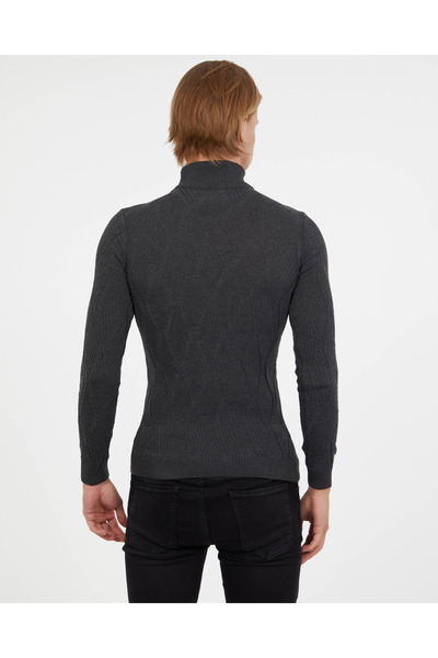 elkumoda Men's Turtleneck Knitwear Sweater Cotton Self-Patterned Turtleneck Slimfit Sweater