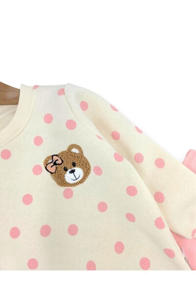 Ege Bebek Baby Girl Slim Fit Polka Dot Winter 3-Thread Set Fleece-Lined Cute Teddy Bear Embroidered Top and Bottom Set