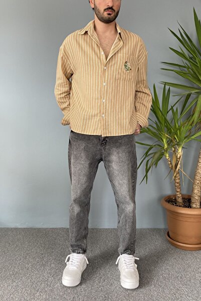 Alışveriş Sokağı Pocket Floral Embroidered Retro Men's Shirt