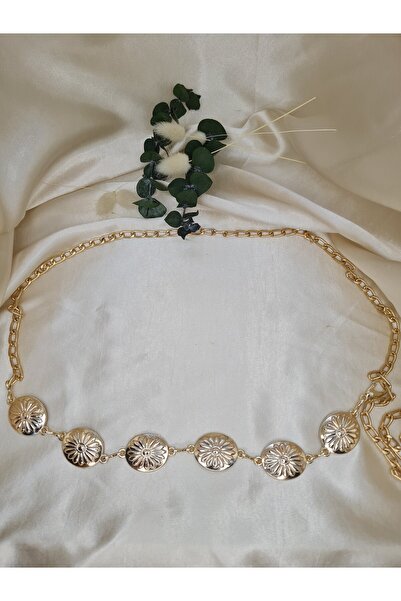 ZEYM COLLECTION Altın Renk Çiçek Desenli Zincir Bel Kemer – Ayarlanabilir Bij...