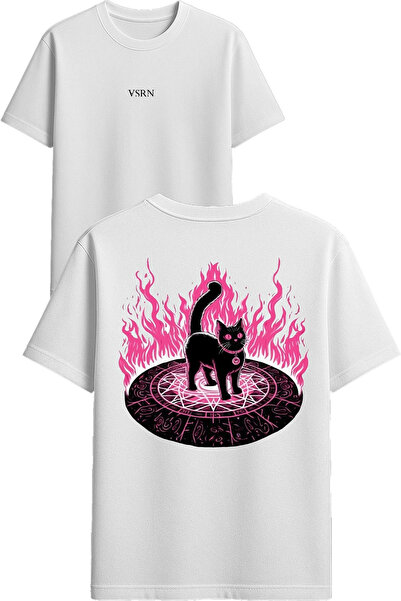 VSRN Μπλουζάκι με στάμπα Cat Flame Design σε λευκό χρώμα, oversized