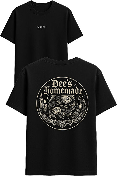 VSRN Tricou negru supradimensionat, cu imprimeu de design, făcut manual de Dees