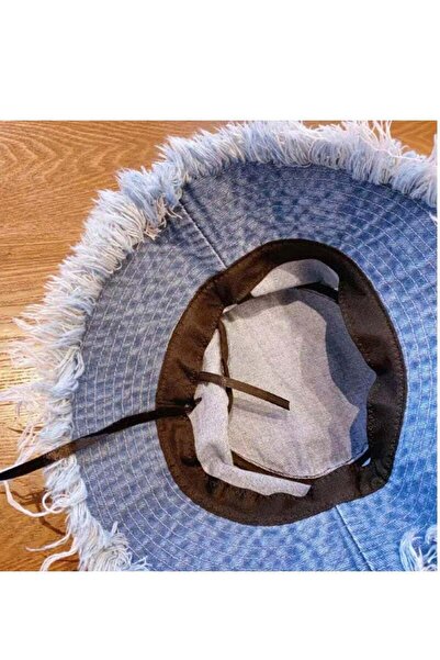 Generic Denim Wide Brim Bucket Hat - Unisex Y2K Tassel, Foldable Cotton, Distressed Ripped Edge (Large Brim)