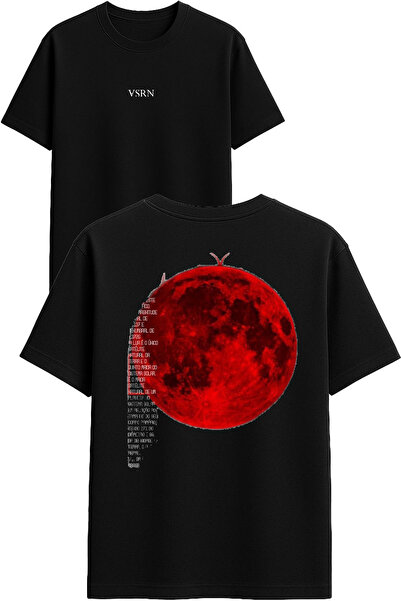 VSRN تي شيرت ريد مون ديزاين مطبوع أسود قصة فضفاضة