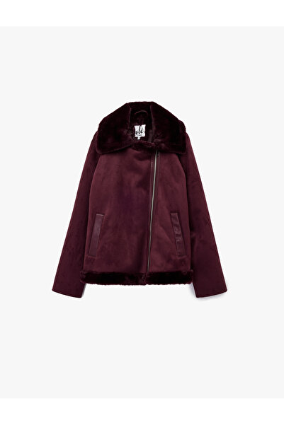 Koton Faux Fur Collar Zippered Pocket Suede Look Biker Jacket
