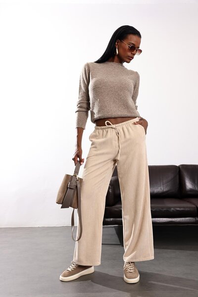 5in1Canpolat Beige Elastic Waist Velvet Trousers 17660