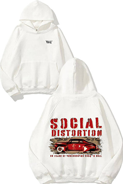 THEWERT Distorsiune socială Red Car Design Spate cu imprimeu Alb cu glugă Swe...