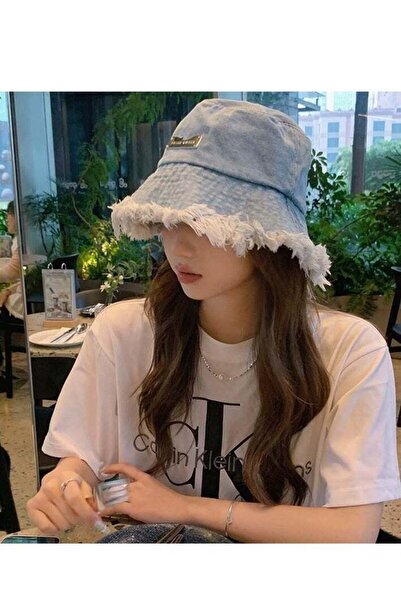 Generic Denim Wide Brim Bucket Hat - Unisex Y2K Tassel, Foldable Cotton, Distressed Ripped Edge (Large Brim)