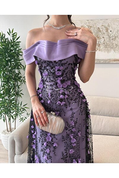 ALANOOD FASHION فستان سهرة بلون جديد موف بكلفة ورود فخم وانيق