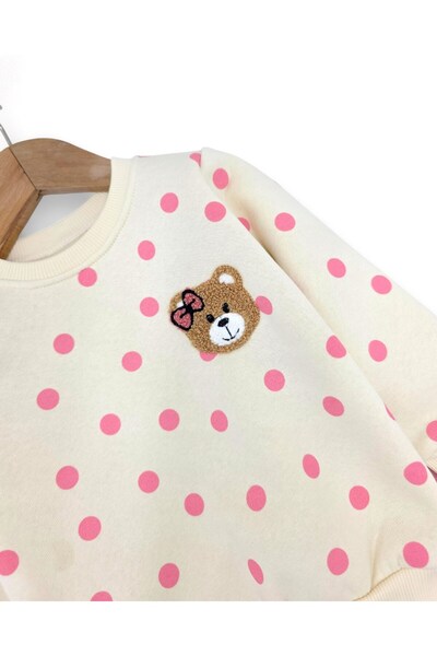 Ege Bebek Baby Girl Slim Fit Polka Dot Winter 3-Thread Set Fleece-Lined Cute Teddy Bear Embroidered Top and Bottom Set