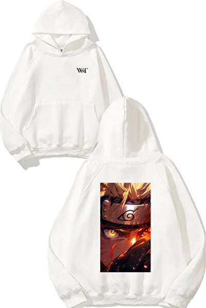 THEWERT سويت شيرت بتصميم عيون النار من ناروتو مطبوع أبيض بغطاء رأس