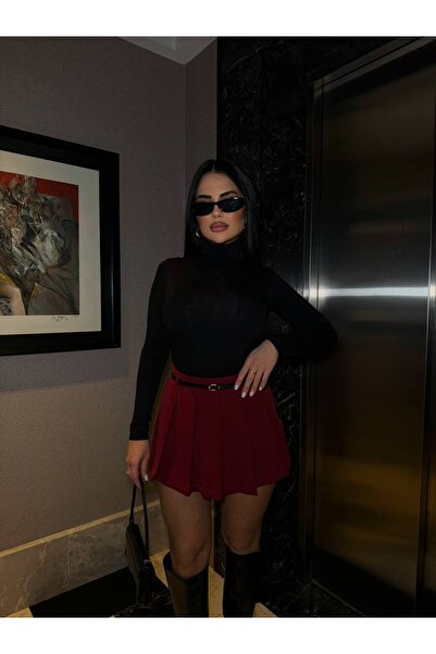 LB Laluna Butik Women's Slim Belted Pleated Skirt with Shorts Look on the Back