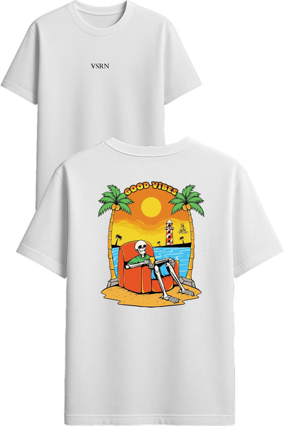 VSRN Tricou supradimensionat alb cu imprimeu Good vibes landscape Design