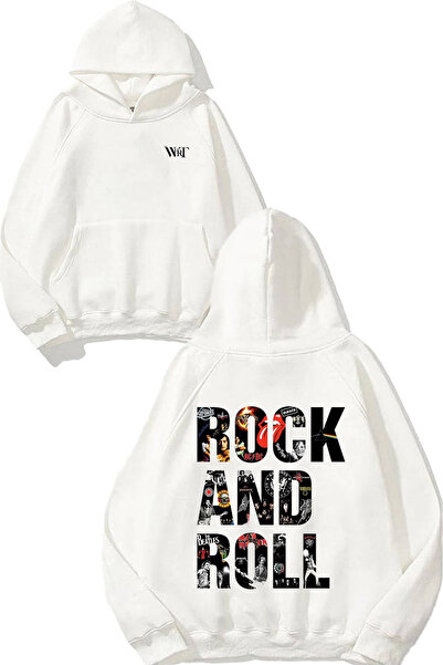 THEWERT Rock Is Life Rock And Roll Design Pulover cu glugă Alb cu imprimeu pe...