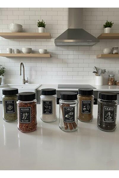 EVİMDM 6-Piece Glass Spice Jar Set – Transparent Jars with Labels