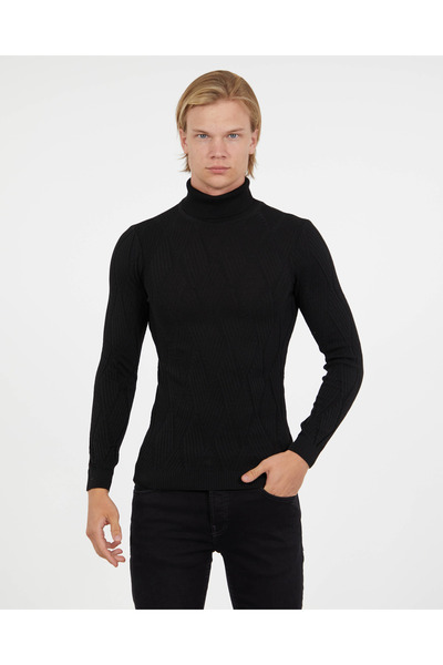 elkumoda Men's Turtleneck Knitwear Sweater Cotton Self-Patterned Turtleneck Slimfit Sweater