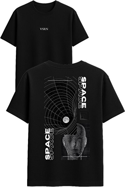 VSRN تي شيرت سبيس سبيس ديزاين مطبوع أسود قصة فضفاضة