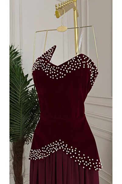 MALAZ Burgundy velvet dress adorned with pearls - timeless royal elegance 💎