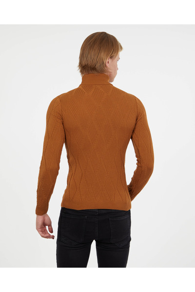 elkumoda Men's Turtleneck Knitwear Sweater Cotton Self-Patterned Turtleneck Slimfit Sweater